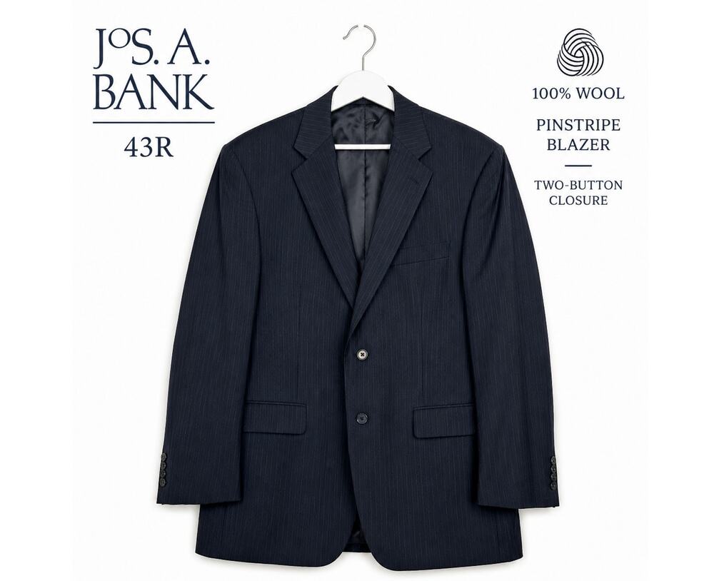 Jos. A. Bank 43R Navy Blue Pinstripe 100% Wool Two Button Sport Coat Blazer